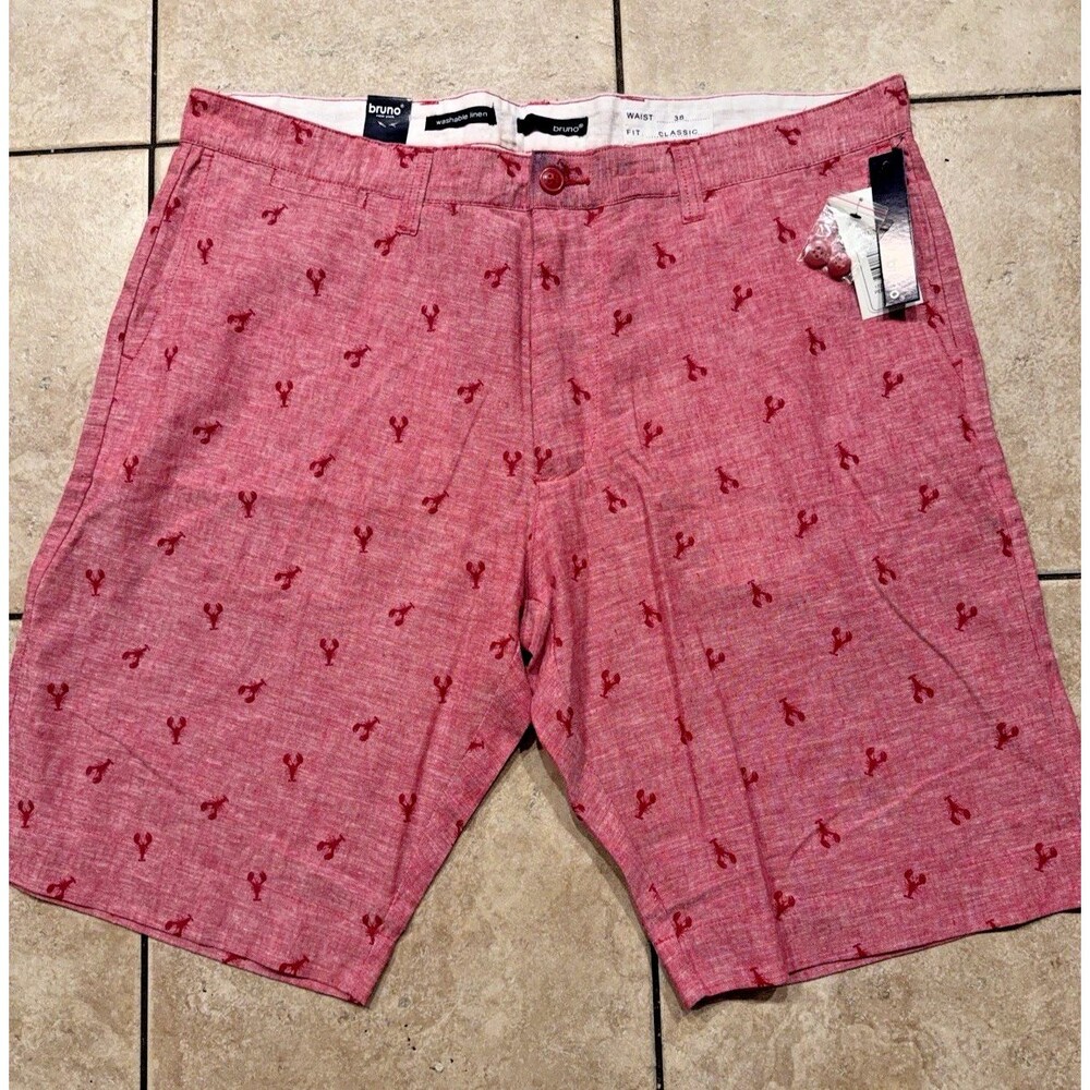 Bruno New York Shorts Men 38 Red Washable LInen Blend Lobster AOP Casual NEW 10"